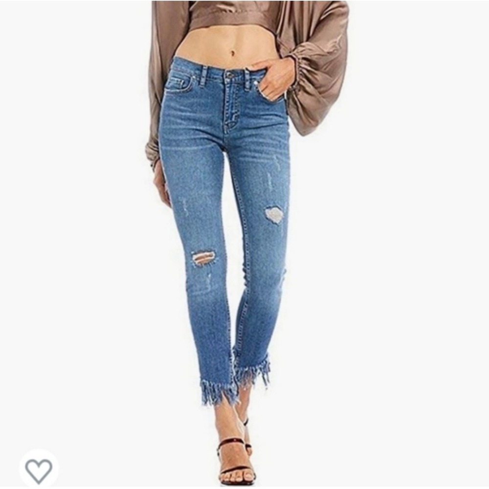 Free People Blue Distressed Cropped Fringe-Hem Jeans